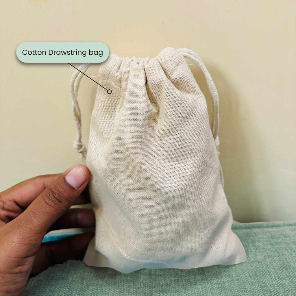 Cotton drawstring bag packaging for Teenyden’s fine motor beading kit