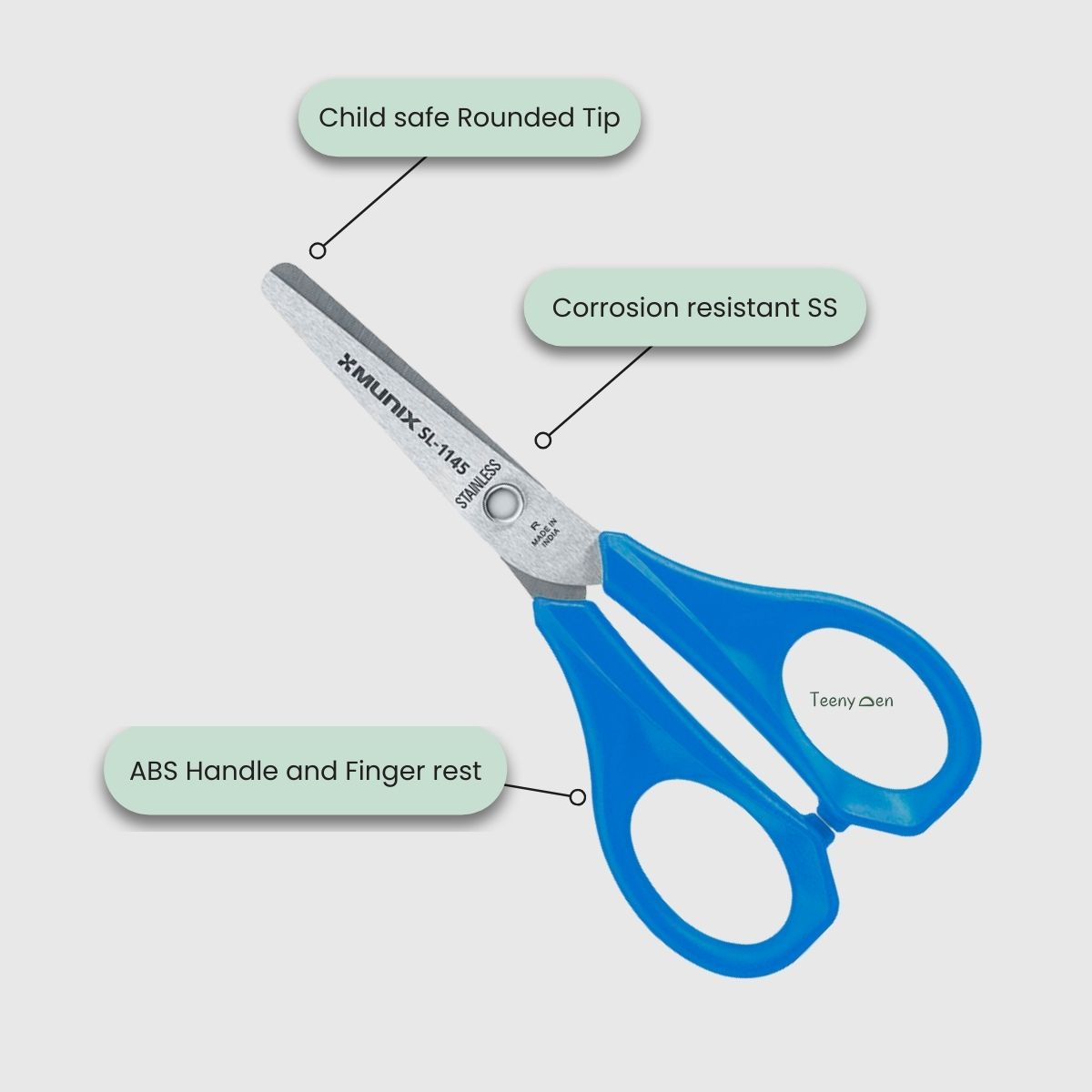 Blue scissors with rounded edges which is safe for 2+ years old children
