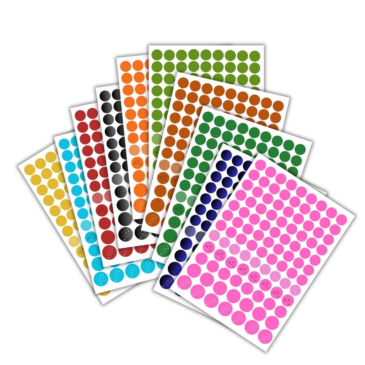 Set of colorful round dot stickers with different size, colors and patterns