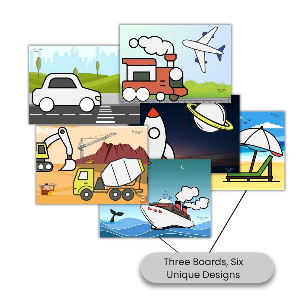 Set of six colorful illustrations including a car, train, airplane, construction site, rocket, and beach scene on three boards for dot sticker activity for kids