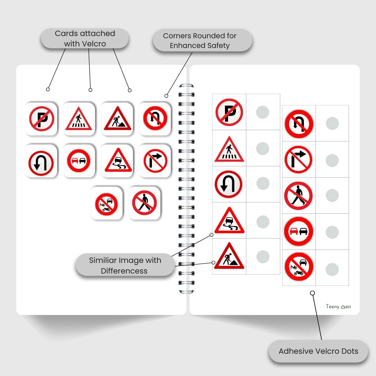Teenyden Do Sheets Level 6 activity book showing road traffic signs designed for toddler visual perception and matching activities