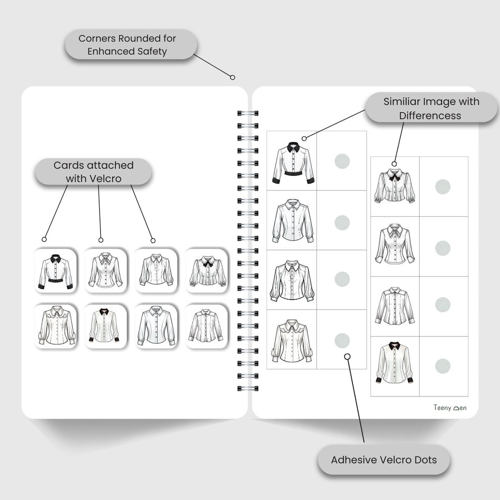 Spiral-bound activity book showing similar white shirts designed for toddler visual perception and matching activities