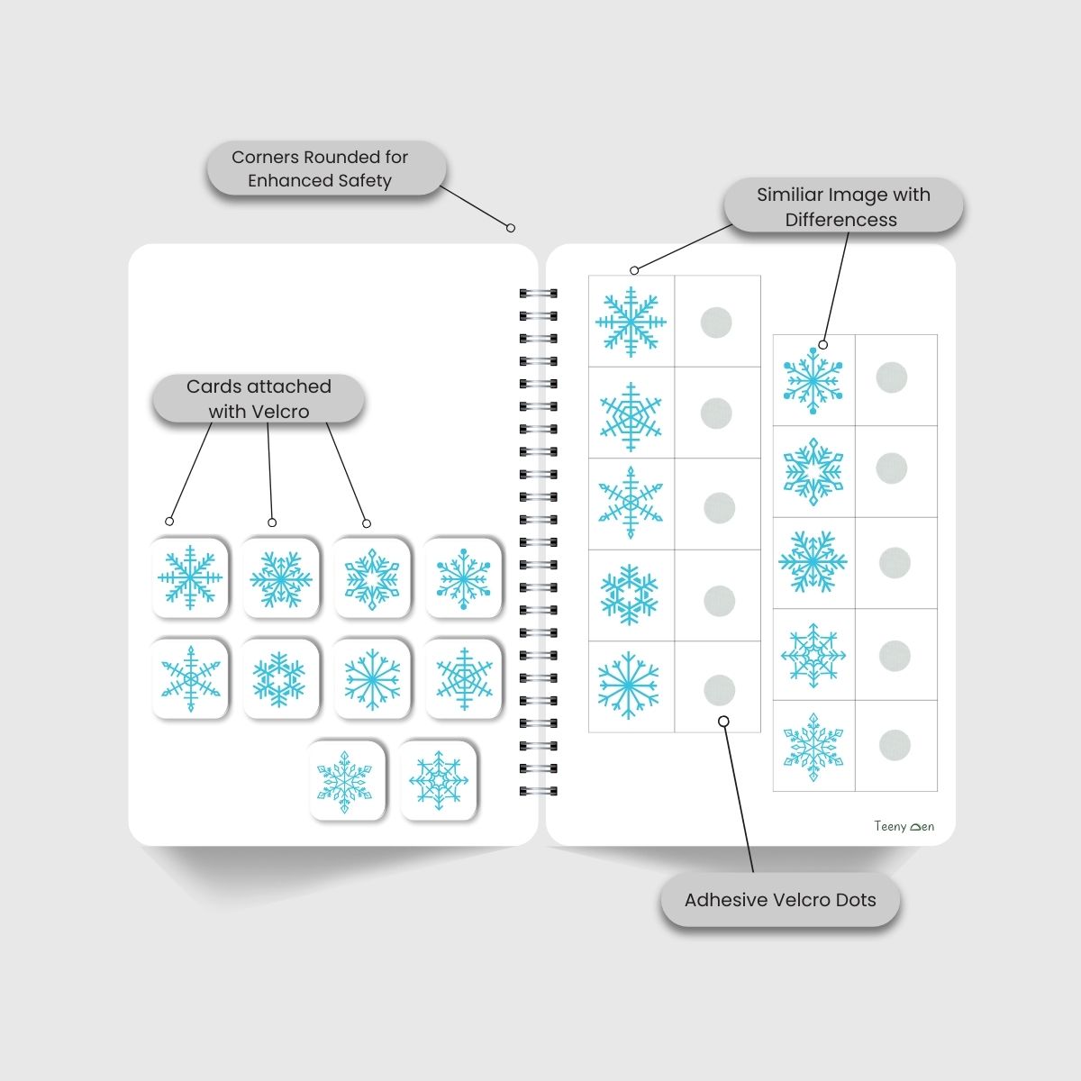 Spiral-bound activity book showing similar snowflakes designed for toddler visual perception and matching activities