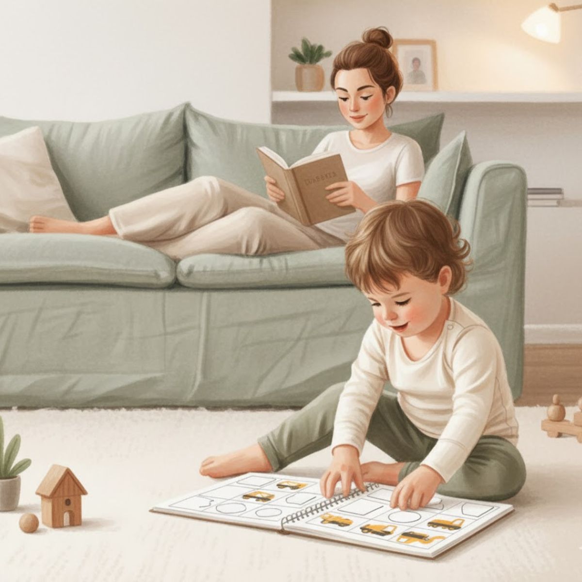 Mother reading book calmly on a sofa while toddler is engaged with Do sheets screen free activity books indoors