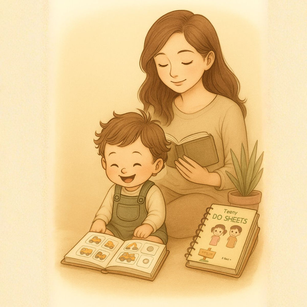 Mother reading book calmly while toddler is engaged with Do sheets screen free activity books