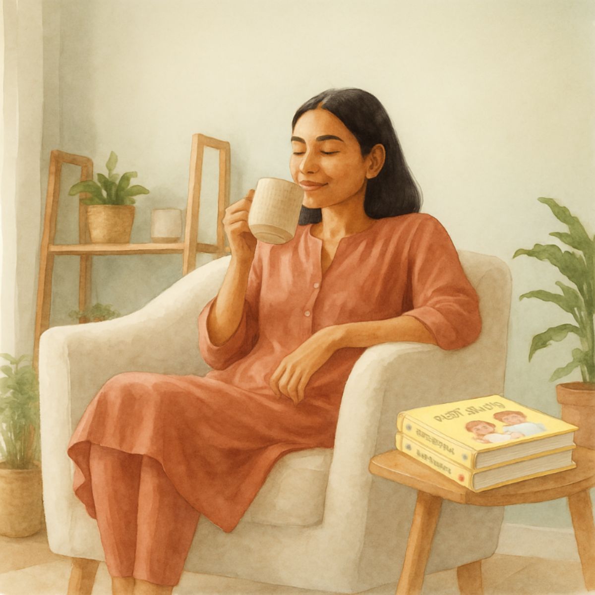 Mother peacefully sipping hot coffee, getting me time and self care time