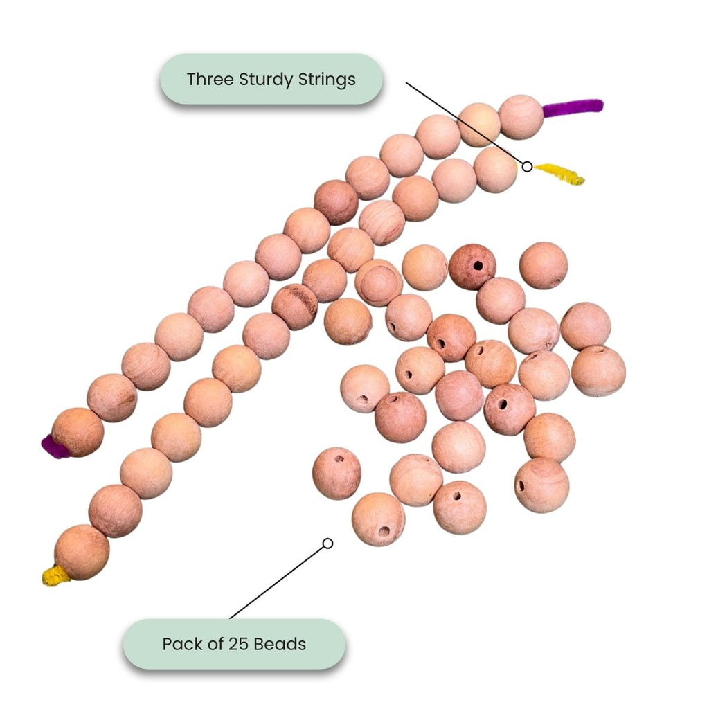 Pack of 25 wooden beads with three sturdy strings for beading activity